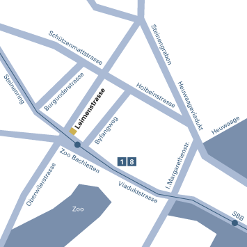 Plan Standort: von SBB mit Tram 1 od. 8 bis Haltestelle Zoo Bachletten. Dann rechts in die Leimenstrasse.
